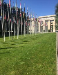 Flags in front of the Palais des Nations